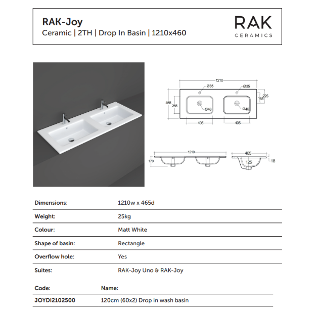 RAK-Joy Drop-in Washbasin 121x46cm (2 tap hole)