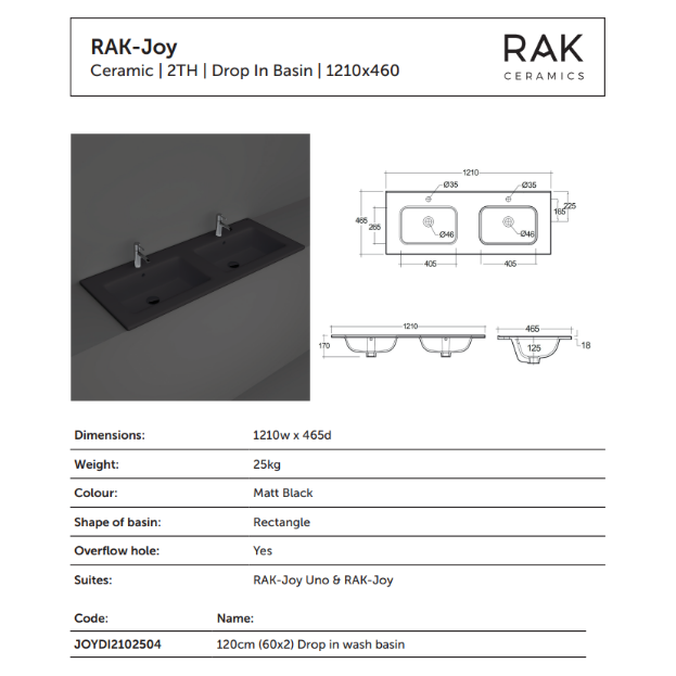 RAK-Joy Drop-in Washbasin 121x46cm (2 tap hole)