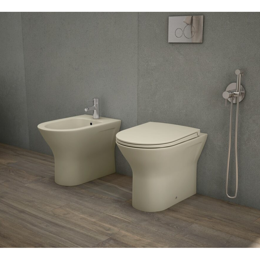 RAK-Feeling Rimless Back to Wall Pan and soft close seat in Matt Cappuccino