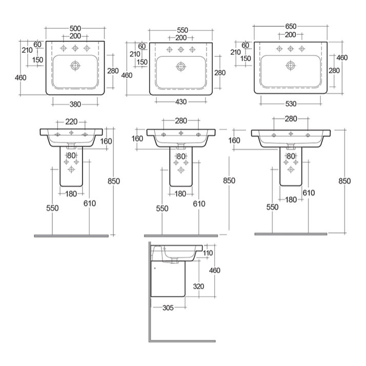 RAK-Resort Half Pedestal Basin 650mm, 550mm & 500mm