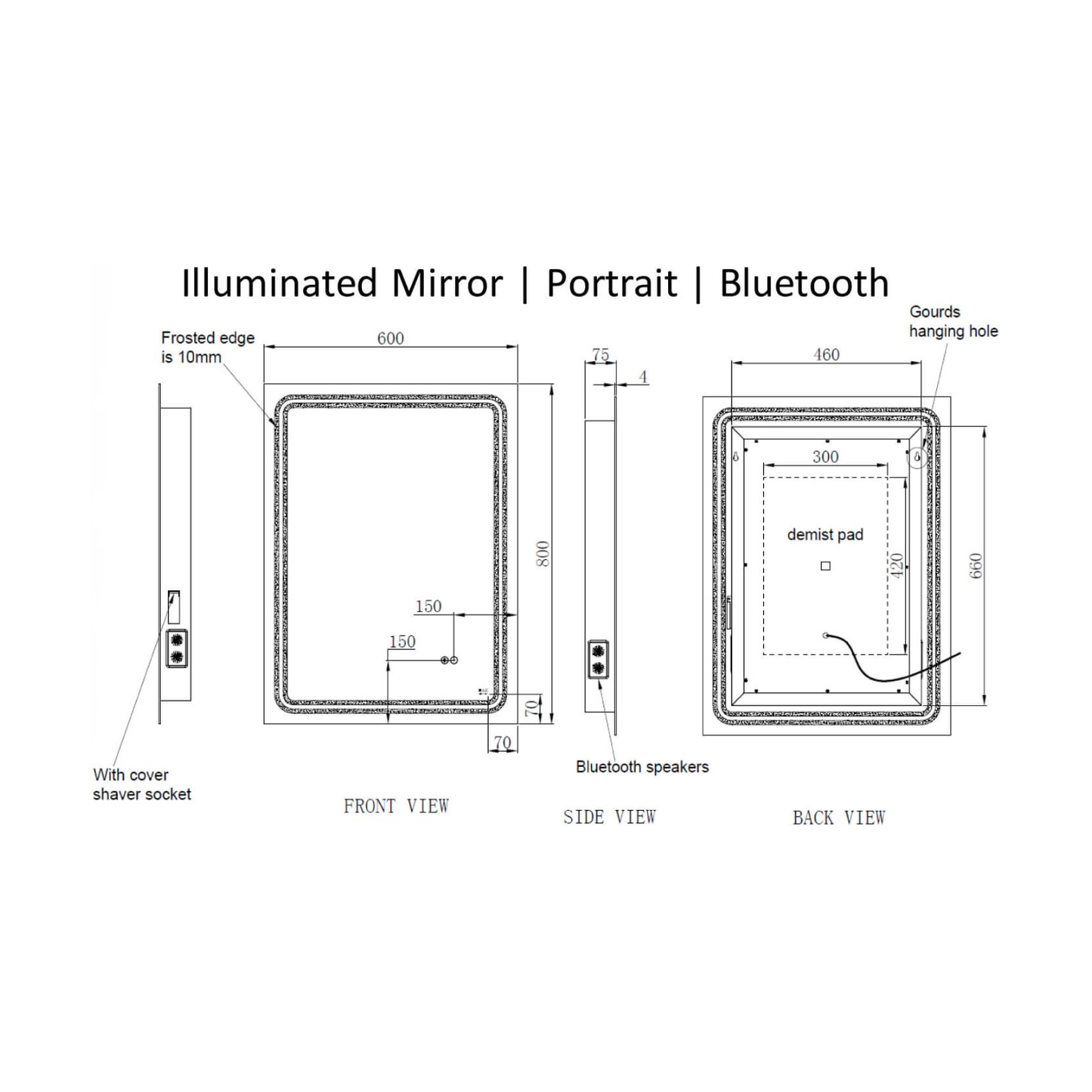 RAK-Pluto 600x800mm LED Illuminated Portrait With Bluetooth Mirror